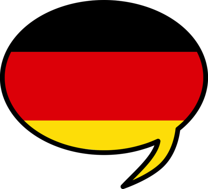 The image shows a speech bubble in the colors of the German flag black, red, gold.